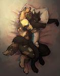  2015 african_wild_dog anthro balls bed black_fur blue_fur brown_fur canine cherrybox duo eyes_closed fur hair lying male male/male mammal nude on_side penis pillow sheath sleeping smile spooning white_fur wolf 