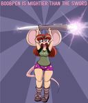  anthro brown_eyes brown_hair clothed clothing english_text eyewear female glasses hair mammal mouse pen rodent simple_background solo text tgwonder 