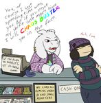  2015 ambiguous_gender anthro asriel_dreemurr bebetterbop brown_hair caprine clerks_(movie) clothing duo ear_piercing fur goat hair horn human male mammal parody piercing protagonist_(undertale) rainbows red_eyes simple_background undertale video_games white_background white_fur 