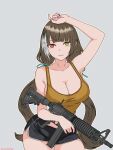  1girl :d absurdres arm_up bare_arms bare_shoulders black_shorts breasts brown_hair cimol95 cleavage colt_9mm_smg covered_nipples cowboy_shot dolphin_shorts dot_nose fingernails girls'_frontline girls'_frontline_2:_exilium gun heterochromia highres holding holding_gun holding_weapon ibispaint_(medium) large_breasts leaning_to_the_side long_hair multicolored_hair red_eyes ro635_(girls'_frontline) robella_(girls'_frontline_2) shirt short_shorts shorts simple_background smile solo streaked_hair submachine_gun tank_top teeth thighs twintails two-tone_hair upper_teeth_only very_long_hair weapon white_hair white_streaks white_trim yellow_eyes yellow_shirt yellow_tank_top 