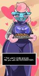  2015 anthro anthrofied arnachy big_breasts breasts clothing cosplay crossover ear_piercing earth_pony english_text equine eyes_closed female food friendship_is_magic grin hair horse looking_at_viewer mammal mature_female mrs_cake_(mlp) multicolored_hair my_little_pony pie piercing pony smile solo text toriel two_tone_hair undertale video_games 