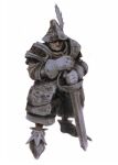  1boy absurdres adelbert_steiner armor armored_boots boots chainmail closed_mouth final_fantasy final_fantasy_ix frown gloves gobli_prin hat_feather helmet highres holding holding_sword holding_weapon knight male_focus pauldrons plate_armor shoulder_armor solo standing sword weapon white_background white_gloves 