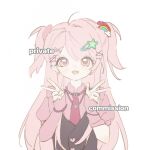  1girl ahoge arrow_through_heart artist_name bead_bracelet bead_necklace beads black_vest bracelet buttons chinese_commentary closed_eyes collared_shirt commentary_request commission double_v ear_piercing earrings eyelashes flat_color four-pointed_star gyaru hair_ornament hair_scrunchie hairclip happy heart heart_button heart_hair_ornament highres infinity_nikki jewelry light_blush long_hair long_sidelocks looking_at_viewer necklace necktie nikki_(series) open_mouth parallel_hairclips piercing pink_arm_warmers pink_eyes pink_hair pink_necktie pink_scrunchie pink_shirt puffy_short_sleeves puffy_sleeves ribbon ribbon_earrings rosie_sweetheart_(infinity_nikki) sample_watermark scrunchie shirt short_sleeves sidelocks simple_background single_earring smile solo star_(symbol) star_hair_ornament star_necklace sufubisaxieta tareme two_side_up upper_body v variant_set very_long_hair vest watermark white_background x_hair_ornament y2k_fashion yellow_ribbon 