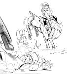  >_< 1girl absurdres boots dust falling gloves helmet highres hooves imminent_injury jacket kato_takuji knee_pads monochrome motion_blur non-humanoid_robot original pet_robot_hunter_(kato_takuji) reins riding robot robot_animal robot_horse rodeo stomping 