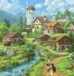  1girl baby_animal bag bird blue_bag braid braided_ponytail bridge child chimney cloud cloudy_sky commentary_request day duck duckling fence flower highres house lamb mountain nao_(marley) original outdoors path rock scenery sheep shorts shoulder_bag sky stream tree village walking water waterfall windmill 