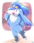  1girl 2015 anthro avian big_breasts bird blue_eyes blue_hair blush breasts feathers female furry hair japanese_text long_hair nipples nude pussy signature solo text translation_request ymbk 
