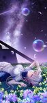  1girl absurdres anemoi arm_up awayuki_hiiro black_hairband blonde_hair blue_dress blunt_bangs breasts copyright_notice cowboy_shot dress eyelashes flower from_side grass hair_flower hair_ornament hair_spread_out hairband hand_up highres humuyun key_visual large_breasts long_hair looking_up low_twintails lying milky_way night official_art official_wallpaper on_back on_grass outdoors outstretched_hand parted_lips petals pink_eyes pink_flower promotional_art purple_flower scenery short_sleeves sky soap_bubbles solo star_(sky) starry_sky twintails two-tone_dress very_long_hair white_dress yellow_flower 