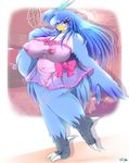  1girl 2015 anthro avian big_breasts bird blue_eyes blue_feathers blue_hair blush bow breasts clothing feathers female furry hair japanese_text lingerie long_hair nipples pussy ribbons solo text translation_request translucent transparent_clothing ymbk 