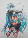  1boy 1girl blue_archive blue_facial_hair blue_hair bow bowtie cherino_(blue_archive) colored_pencil colored_pencil_(medium) commentary facial_hair hat highres joseph_stalin looking_at_viewer multicolored_hair mustache pencil red_bow red_bowtie red_winter_federal_academy_logo suit traditional_media twintails user_hcwx2472 white_background white_hat white_suit 