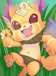  2015 berseepon09 claws clothing cub fangs fur gnar_(lol) happy league_of_legends loincloth looking_at_viewer male mammal melee_weapon open_mouth pawpads paws solo video_games weapon young 