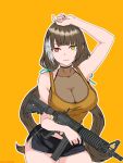  1girl :d arm_up bare_arms bare_shoulders black_shorts black_trim breasts brown_hair cimol95 cleavage collarbone colt_9mm_smg covered_collarbone covered_nipples cowboy_shot dolphin_shorts dot_nose english_commentary fingernails fishnet_top fishnets girls'_frontline girls'_frontline_2:_exilium gun heterochromia highres holding holding_gun holding_weapon ibispaint_(medium) large_breasts leaning_to_the_side long_hair multicolored_hair red_eyes ro635_(girls'_frontline) robella_(girls'_frontline_2) see-through_cleavage see-through_clothes shirt short_shorts shorts smile solo streaked_hair submachine_gun tank_top teeth thighs twintails two-tone_hair upper_teeth_only very_long_hair weapon white_hair white_streaks white_trim yellow_eyes yellow_shirt yellow_tank_top 