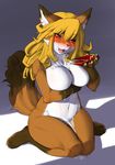  alcohol anthro beverage big_breasts black_sclera blonde_hair blush bowl breasts canine claws drunk female fluffy_tail food fox fur hair kame_3 kemono kneeling long_hair looking_at_viewer mammal multicolored_fur nude open_mouth orange_fur red_eyes sake smile solo two_tone_fur white_fur 