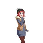  1girl :d beanie brown_pantyhose brown_vest coat dress feet_out_of_frame fur-trimmed_hood fur-trimmed_vest fur_trim hand_up hat hood knit_hat long_sleeves love_live! love_live!_school_idol_festival love_live!_school_idol_project medium_hair nishikino_maki official_alternate_costume official_art open_clothes open_vest pantyhose pom_pom_(clothes) pom_pom_beanie purple_eyes red_hair ribbed_dress sleeveless sleeveless_coat sleeves_past_wrists smile standing sweater sweater_dress teeth transparent_background turtleneck turtleneck_sweater upper_teeth_only vest white_day_(love_live!) winter_clothes 