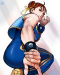  1girl 2020 blue_bodysuit bodysuit bracelet brown_eyes brown_hair chun-li crop_top double_bun fighting_stance full_body hair_bun hair_ribbon jewelry leg_up looking_at_viewer looking_back overlord_jc ribbon sleeveless sleeveless_bodysuit smile solo spiked_bracelet spikes standing standing_on_one_leg street_fighter street_fighter_zero_(series) studded_bracelet unitard yellow_ribbon 
