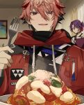  2boys ^_^ closed_eyes closed_mouth drawstring drooling fang fang_out food fork hair_between_eyes highres holding holding_fork hood hood_down hoodie indoors long_sleeves male_focus matsuhago multiple_boys nijisanji open_mouth pasta pink_hair plate purple_hair red_eyes red_hoodie seraph_dazzlegarden seraph_dazzlegarden_(1st_costume) short_hair skin_fang smile spaghetti upper_body virtual_youtuber watarai_hibari watarai_hibari_(1st_costume) 