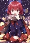  1girl :d blush bow brown_scarf commentary_request completion_time cowboy_shot hair_between_eyes hair_bow hand_up highres long_sleeves looking_at_viewer night open_mouth outdoors pantyhose pleated_skirt purple_bow purple_shirt red_eyes red_hair red_skirt ruu_(tksymkw) scarf sekibanki shirt short_hair skirt smile snowing solo touhou winter 