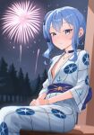  1girl absurdres blue_choker blue_eyes blue_hair bracelet choker closed_mouth diptip fireworks flat_chest highres hololive hoshimachi_suisei japanese_clothes jewelry kimono necklace night_sky obi sash side_ponytail sitting smile solo star_(symbol) star_in_eye symbol_in_eye virtual_youtuber 