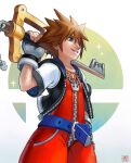  1boy belt black_jacket blue_belt blue_eyes brown_hair chain chain_necklace commentary cowboy_shot crown_necklace dated english_commentary fingerless_gloves full-length_zipper gloves grin hand_on_own_hip hand_up highres holding holding_weapon hood hood_down hooded_jacket jacket jewelry jumpsuit keyblade kingdom_hearts kingdom_hearts_i male_focus multicolored_jacket necklace open_clothes open_jacket over_shoulder overlord_jc parted_lips red_jumpsuit short_hair short_jumpsuit smile sora_(kingdom_hearts) spiked_hair super_smash_bros. sword sword_over_shoulder two-tone_jacket weapon weapon_over_shoulder white_gloves white_jacket zipper 