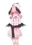  1girl absurdres black_sleeves black_wings blue_archive blush detached_sleeves dress feathered_wings flat_chest frilled_thigh_strap halo head_wings highres kghazir koharu_(blue_archive) looking_to_the_side low_wings pink_dress pink_eyes pink_hair pink_halo short_dress sleeveless sleeveless_dress solo thigh_strap twintails winged_halo wings 