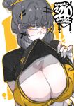  1girl absurdres artist_name black_shirt breasts cleavage commentary english_commentary glasses grey_hair hair_ornament highres jewelry jrpencil large_breasts looking_at_viewer mouth_hold original raised_inner_eyebrows ring shirt short_hair solo sports_bra upper_body yellow_eyes yellow_sports_bra 