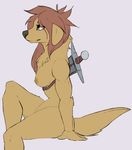  anthro areola breasts canine dog edit female fur hair mammal melee_weapon nipples nude simple_background sitting solo sword unknown_artist weapon 