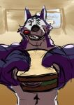 anthro azor(pantheraonca) blue_body blue_fur bread canid canine canis domestic_dog food fur holding_object husky lettuce male mammal muscular nordic_sled_dog onion pantheraonca plant sandwich_(food) solo spitz teeth tongue tongue_out vegetable white_body white_fur
