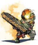  1other ambiguous_gender boots flashlight green_boots grin grizzco_splatana_(splatoon) highres holding holding_sword holding_weapon inkling_(language) muramasa_mikado octoling octoling_player_character other_focus revision rubber_boots salmon_run_(splatoon) smile solo splatoon_(series) splatoon_3 sword teeth v-shaped_eyebrows weapon white_background yellow_eyes 