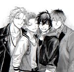  4boys aohitsugi_samatoki aohitsugi_samatoki_(tdd_era) arms_at_sides belt belt_buckle blush boy_sandwich breast_pocket buckle captive_bead_ring chain chain_necklace cheek-to-cheek choppy_bangs closed_eyes collarbone collared_shirt contrast_lapels cropped_jacket ear_piercing earrings fang from_side front-to-back greyscale grin hair_between_eyes hair_slicked_back harai_kuko harai_kuko_(tdd_era) heads_together highres hmgrhp hood hood_down hypnosis_mic jacket jacket_over_hoodie jewelry lapel_pin lapels leather leather_jacket long_sleeves looking_at_another looking_to_the_side loose_hair_strand mad_comic_dialogue male_focus mole mole_under_eye monochrome multicolored_jacket multiple_boys multiple_piercings necklace necktie nurude_sasara nurude_sasara_(tdd_era) open_clothes open_jacket piercing plaid_clothes plaid_shirt plug_(piercing) pocket raised_eyebrows sandwiched shirt shirt_tucked_in short_hair sideways_glance simple_background sleeves_pushed_up sleeves_rolled_up smile smirk spiked_hair stud_earrings suit_jacket sukajan two-tone_jacket unzipped upper_body v-shaped_eyebrows very_short_hair white_background yamada_ichiro yamada_ichiro_(tdd_era) 