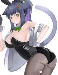  1girl absurdres alternate_costume animal_ears arknights bare_shoulders black_gloves black_hair black_leotard bow bowtie carrot_hair_ornament cat_ears cat_girl cat_tail colored_inner_hair detached_collar fake_animal_ears food-themed_hair_ornament from_side gloves green_bow green_bowtie green_eyes hair_ornament highres jessica_(arknights) jessica_the_liberated_(arknights) leotard looking_at_viewer multicolored_hair pantyhose pantyhose_under_leotard playboy_bunny ponytail purple_hair rabbit_ears simple_background solo spam_(spamham4506) strapless strapless_leotard tail torn_clothes torn_pantyhose two-tone_hair white_background wrist_cuffs 