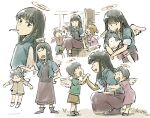  2boys 3girls :d angel angel_wings black_hair black_shoes blonde_hair brown_skirt character_request child cigarette closed_mouth dress full_body green_shirt haibane_renmei halo long_hair long_skirt multiple_boys multiple_girls no_shoes open_mouth pink_dress reki_(haibane_renmei) shirt shoes short_hair short_sleeves simple_background sitting skirt smile socks standing traditional_halo tsubobot white_background white_socks wings |_| 