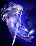  1girl bare_shoulders clothing_cutout crystal_shards crystal_sword genshin_impact highres hitodepunch holding holding_sword holding_weapon leotard long_hair red_eyes skirk_(genshin_impact) solo sword thighs weapon white_hair 