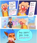 2025 4_panel_comic anthro ascot black_clothing black_eyebrows black_shirt black_text black_topwear blue_eyes blue_hair blush bodily_fluids border bovid brown_body brown_ears brown_eyes brown_fur brown_nose canid canine caprine cheek_tuft circle_eyebrows clothed clothing clothing_store comic connor_(heresvix) crossdressing crossdressing_male dani_(heresvix) detailed_background dialogue dipstick_tail dress duo english_text exclamation_point eyebrows eyes_closed facial_tuft femboy fluffy fluffy_tail footwear fox fur gradient_background hair hands_behind_back heart_symbol heresvix hi_res inside looking_at_another male mammal markings name_tag open_mouth open_smile orange_body orange_fur pink_text polka_dot_dress polka_dots purse sheep shirt shoes simple_background smile speech_bubble standing store sweat tail tail_markings tan_body tan_fur tan_hair text thought_bubble topwear tuft white_border yellow_clothing yellow_dress yellow_sclera