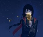  1girl absurdres black_hair blue_eyes braid dot_7333 elden_ring falling_petals flower glowing glowing_flower highres holding holding_flower jewelry long_hair looking_to_the_side necklace night outdoors petals revision robe sky smelling smelling_flower solo sorceress_sellen star_(sky) starry_sky stole sunflower very_long_hair wilted_flower wrapping 