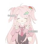  1girl ^_^ ahoge arrow_through_heart artist_name bead_bracelet bead_necklace beads black_vest bracelet buttons chinese_commentary closed_eyes collared_shirt commentary_request commission double_v ear_piercing earrings eyelashes flat_color four-pointed_star gyaru hair_ornament hair_scrunchie hairclip happy heart heart_button heart_hair_ornament highres infinity_nikki jewelry light_blush long_hair long_sidelocks necklace necktie nikki_(series) open_mouth parallel_hairclips piercing pink_arm_warmers pink_hair pink_necktie pink_scrunchie pink_shirt puffy_short_sleeves puffy_sleeves ribbon ribbon_earrings rosie_sweetheart_(infinity_nikki) sample_watermark scrunchie shirt short_sleeves sidelocks simple_background single_earring smile solo star_(symbol) star_hair_ornament star_necklace sufubisaxieta two_side_up upper_body v variant_set very_long_hair vest watermark white_background x_hair_ornament y2k_fashion yellow_ribbon 