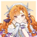  1girl arm_support asymmetrical_gloves bare_shoulders border bracelet braid commentary curtained_hair earrings elbow_gloves eyelashes fingerless_gloves furaiebi gloves gold_earrings green_eyes hat head_rest highres ibispaint_(medium) jacket jewelry long_hair looking_at_viewer making-of_available off-shoulder_jacket off_shoulder orange_background orange_hair pointy_ears ribbon side_braids sigrika_(wuthering_waves) smile solo tassel twin_braids white_border white_gloves white_hat white_jacket white_ribbon wuthering_waves 