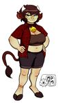  anklet anthro belladonna big_breasts bovine breasts chubby cleavage clothed clothing collar cowbell eyebrow_piercing eyewear facial_piercing female freckles glasses hands_on_hips hooves horn jewelry lip_piercing mammal midriff minotaur my_pet_tentacle_monster navel navel_piercing nose_piercing piercing shorts smile solo 