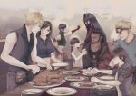  3girls 6+girls bare_arms bare_shoulders barret_wallace black_hair black_vest blonde_hair blue_eyes breasts brown_hair cape christmas cid_highwind cloak cloud_strife commentary_request cropped_sweater cup dark-skinned_male dark_skin denzel_(ff7) dinner dog_tags final_fantasy final_fantasy_vii final_fantasy_vii:_advent_children fireworks food goggles goggles_on_head green_sweater headband highres holding holding_fireworks hood hood_down large_breasts long_hair looking_at_another marlene_wallace midriff mixmomo_yah multiple_girls navel plate red_cape red_cloak red_eyes red_xiii ribbed_shirt shirt short_hair sleeveless sleeveless_shirt sleeveless_turtleneck sparkler spiked_hair sweater table tifa_lockhart turkey_(food) turtleneck turtleneck_sweater vest vincent_valentine yuffie_kisaragi zipper 