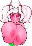  big_breasts blush breasts demon duo green_penis hair horn huge_breasts hyper hyper_breasts nipples penis pink_eyes pink_skin sex tehbuttercookie titfuck white_hair 