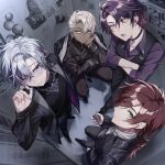  4boys arm_support black_choker black_jacket black_pants black_shirt black_shoes black_vest choker closed_mouth collarbone collared_shirt from_above full_body fuwa_minato glasses green_eyes grey_hair hair_between_eyes hand_up highres ibrahim_(nijisanji) indoors jacket lauren_iroas long_hair long_sleeves looking_at_viewer male_focus multiple_boys nijisanji open_clothes open_jacket open_mouth pants parted_bangs purple_eyes purple_hair purple_shirt red_hair shirt shoes short_hair squatting standing tukimusubi vest virtual_youtuber watarai_hibari yellow_eyes 