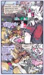 bicolored_fur blushed_face bodily_fluids canid canine canis cheek_bulge clothing comic cum cum_on_face dialogue domestic_dog duo ear_piercing erection eyewear fellatio fox genital_fluids genitals glans glasses hi_res humanoid male mammal oral orgasm_face penile penis piercing portuguese_text public sex shirt snowfoxy66 speech_bubble store sunglasses t-shirt text topwear white_body yellow_body