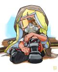  1girl agent_3_(splatoon_3) black_shorts blonde_hair boots braid bright_pupils brown_cloak cloak dark-skinned_female dark_skin full_body grey_boots highres hood hooded_cloak long_braid long_hair looking_at_viewer mask nintendo_direct overlord_jc respirator shirt short_sleeves shorts side_braid single_braid sitting solo splatoon_(series) splatoon_3 sunglasses tinted_eyewear torn_cloak torn_clothes white_pupils white_shirt yellow-tinted_eyewear 