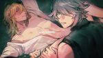  2boys alhaitham_(genshin_impact) bare_shoulders black_shirt blonde_hair confusearanara genshin_impact green_eyes grey_hair highres kaveh_(genshin_impact) looking_at_viewer multiple_boys nipples open_clothes red_eyes red_pupils saliva shirt tongue tongue_out white_shirt 