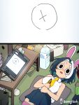  1girl :o absurdres animal_ears black_hair bongftah bottle breasts bug collared_leotard commentary drawing_tablet highres large_breasts leotard lying multicolored_hair necktie on_back on_floor open_mouth original parted_bangs parted_lips rabbit_ears rabbit_girl rice_cooker short_hair skirt sleeveless solo stylus symbol-only_commentary table water_bottle white_hair white_leotard yellow_necktie zettai_ryouiki 