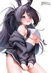  1girl @_@ absurdres alternate_costume animal_ears azur_lane bare_shoulders black_hair black_jacket black_panties breasts clothes_pull commentary_request commission cosplay embarrassed fake_animal_ears fang hair_ornament highres jacket jacket_pull long_hair looking_at_viewer marimo_daifuku medium_breasts no_bra off_shoulder open_clothes open_jacket open_mouth panties panty_peek pixiv_commission purple_eyes purple_hair rabbit_ears shimakaze_(azur_lane) shimakaze_(azur_lane)_(cosplay) side-tie_panties skirt skirt_tug sleeveless solo thighs twintails underboob underwear very_long_hair x_hair_ornament z11_(azur_lane) 