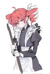  1girl ahoge apron black_dress broom closed_mouth commentary cropped_legs dress drill_hair enmaided gloves hair_between_eyes highres holding holding_broom juliet_sleeves kasane_teto kasane_teto_(sv) long_sleeves looking_at_viewer maid puffy_sleeves red_eyes red_hair short_hair simple_background solo synthesizer_v takoyaki5221 twin_drills utau white_apron white_background white_gloves 
