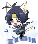  >_o 1boy alternate_costume animal_ear_piercing animal_ears animal_feet asaba_harumasa black_hair black_pants blue_sweater blush cat_boy cat_ears chibi chibi_only commentary_request electric_guitar fang full_body furrification furry guitar headband holding holding_guitar holding_instrument instrument male_focus musical_note musical_staff one_eye_closed open_mouth pants parted_bangs shirt short_hair skin_fang solo sweater twitter_username white_background white_shirt wnya yellow_eyes yellow_headband zenless_zone_zero 