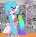 anthro blue_body buying clothed clothing dialogue digital_media_(artwork) dildo embarrassed fantasizing female gardevoir generation_3_pokemon glistening glistening_body hair hi_res holding_object huge_sex_toy imminent_insertion mammal money nintendo not_furry pokemon pokemon_(species) red_eyes sex_shop sex_toy sex_toy_insertion sharalythesheep shiny_pokemon solo spanish_text store text