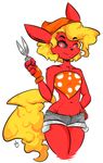  2015 4_fingers anthro black_nose black_sclera blonde_hair cinnamon_swirl clothed clothing duckdraw eeveelution female fingerless_gloves flareon flat_chested fur gloves hair hand_on_hip midriff navel nintendo pok&eacute;mon red_eyes red_fur scissors short_hair shorts simple_background smile solo video_games white_background 