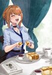  1girl :d ^_^ belt black_belt black_choker blue_necktie blue_shirt book bread bread_slice breasts brown_hair butter chair choker closed_eyes coffee collarbone collared_shirt commentary_request commission cup curtains dated egg_(food) food girls'_frontline grizzly_mkv_(elite_on_patrol)_(girls'_frontline) grizzly_mkv_(girls'_frontline) hair_bun hair_ribbon highres holding holding_food jewelry kanmiya_shinobu large_breasts necklace necktie official_alternate_costume ogura_toast_(food) on_chair open_mouth plate red_bean_paste ribbon shirt sidelocks signature single_hair_bun sitting sleeves_rolled_up smile solo spoon striped_ribbon teeth toast upper_teeth_only 