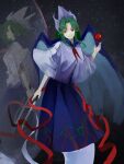  1girl absurdres acor blue_cape blue_sailor_collar cape capelet different_reflection dress ghost_tail green_eyes green_hair hair_intakes hat highly_responsive_to_prayers highres holding holding_knife knife long_hair looking_at_viewer mima_(touhou) mirror night night_sky red_ribbon reflection ribbon sailor_collar skirt smile solo star_(sky) touhou touhou_(pc-98) triangular_headpiece watermark white_capelet wings 